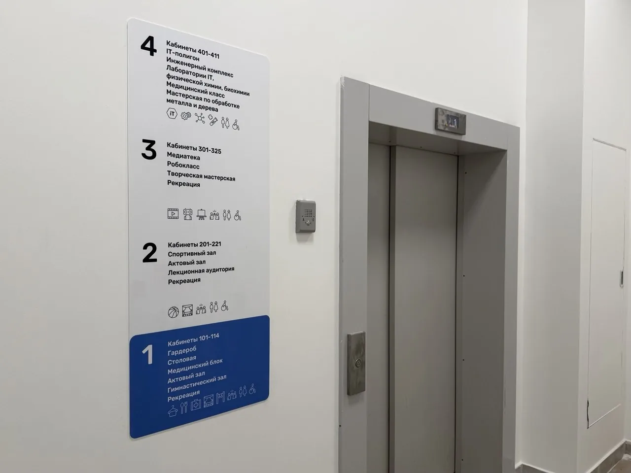 Поэтажный указатель первого этажа рядом с лифтом