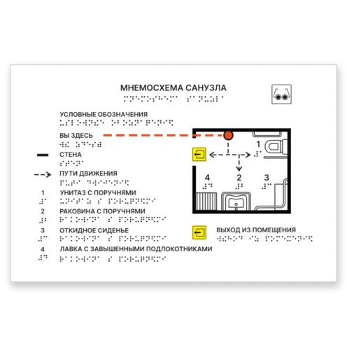Тактильная мнемосхема санузла 300×200 мм на стене у двери: рельефный план с унитазом и раковиной с поручнями, выпуклые точки шрифта Брайля
