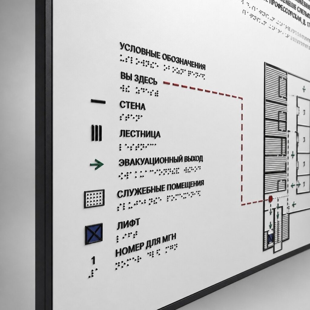 Тактильная мнемосхема крупным планом: рельефные условные обозначения, цветные пиктограммы и дублирование шрифтом Брайля