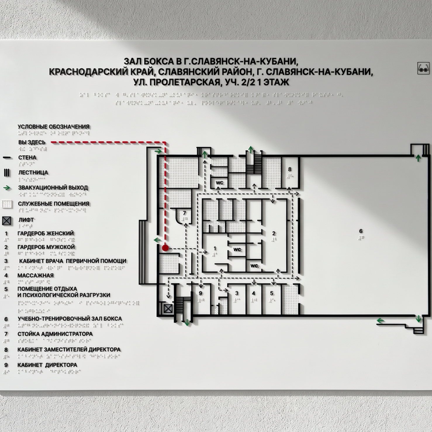 Тактильная мнемосхема по ГОСТ 830×600 мм из композита на стене: рельефный план этажа с легендой, эвакуационными выходами, лифтом и дублированием шрифтом Брайля