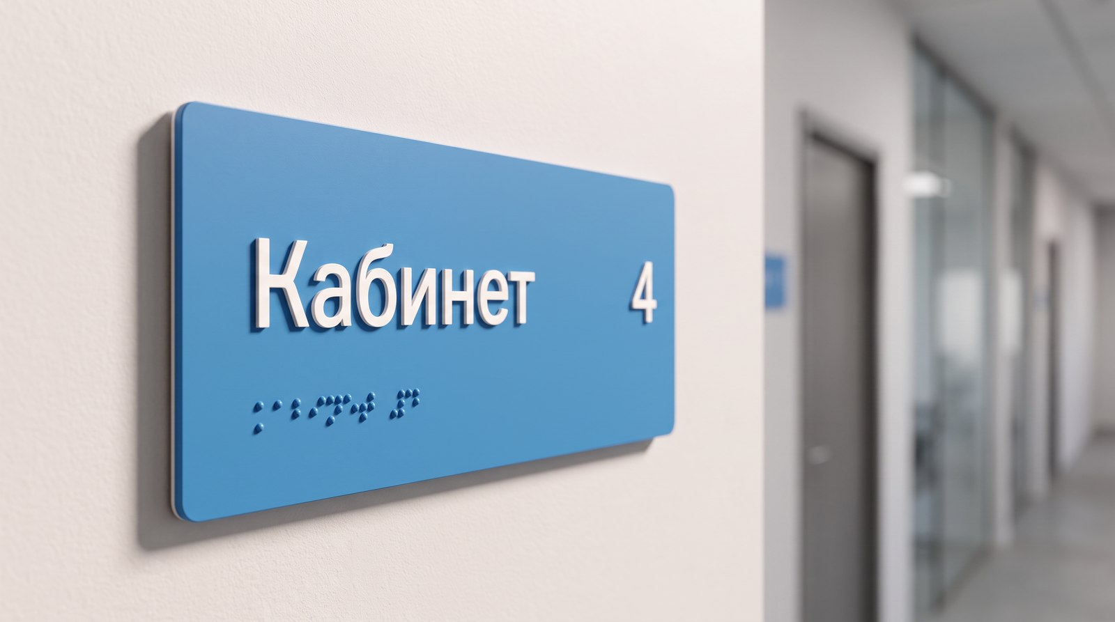 Горизонтальная тактильная табличка «Кабинет 4» на стене в коридоре: белые рельефные буквы и цифра, контрастные синей подложке, под ними строка Брайля матовыми полусферическими точками в цвет подложки — двухшрифтовая компоновка по ГОСТ Р 59602-2021