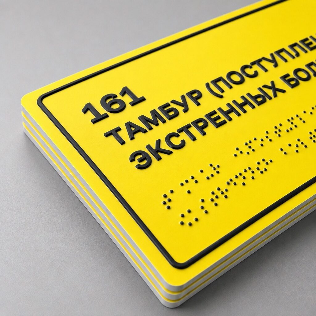 Рельефный шрифт и точки Брайля крупным планом: высота точки и шаг знака по ГОСТ Р 56832-2020, скруглённые углы плашки из ПВХ 3 мм
