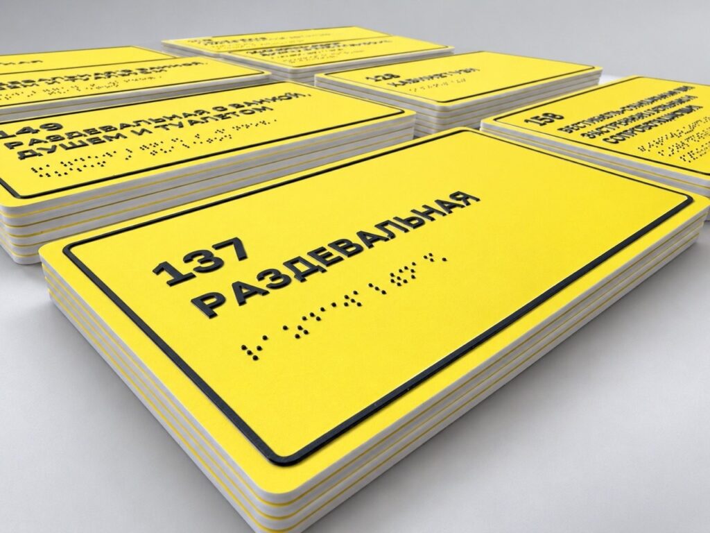Тактильная табличка «Раздевальная» 250×150 мм под углом: видна толщина плашки ПВХ и рельеф чёрной рамки и текста