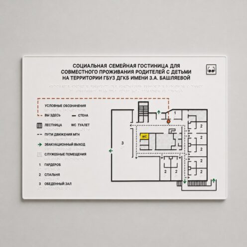 Тактильная мнемосхема 600×400 мм из композита: белые точки Брайля в цвет фона, рельефный план этажа, легенда, ГОСТ Р 59601-2021