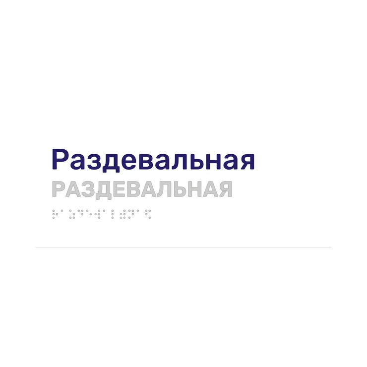 Тактильная табличка «Раздевальная» со шрифтом Брайля, 250×100 мм, белая, синее наименование, рельеф в цвет подложки